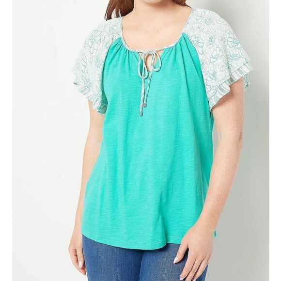 N-62 Susan Graver Pure Cotton Slub Knit Top w/ Flutter Sleeves BAY BREEZE sz S - Picture 1 of 1